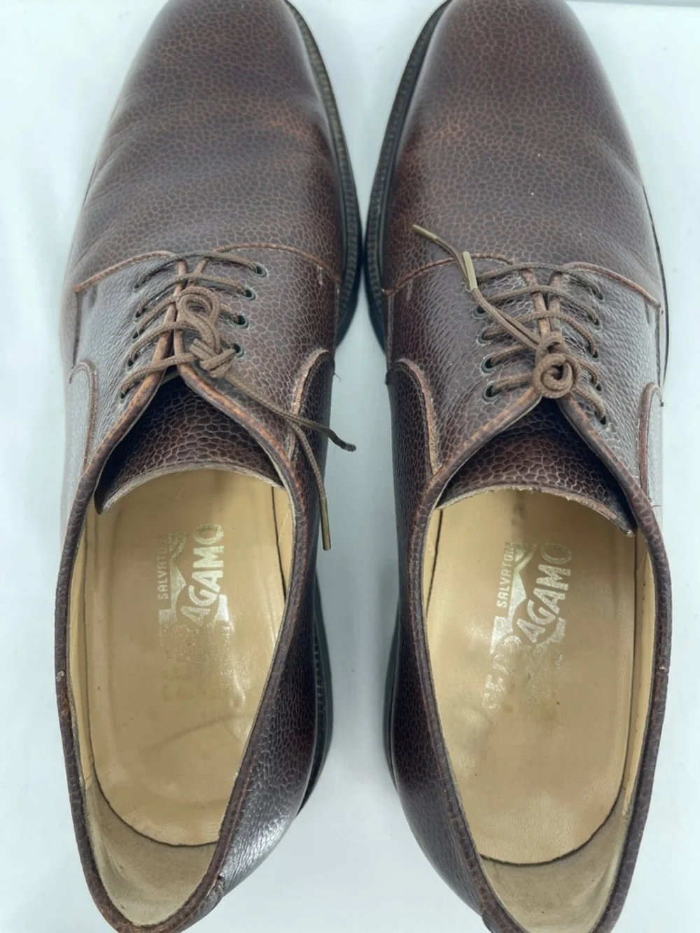 Salvatore Ferragamo Dark Brown Pebbled Leather Derby Shoes